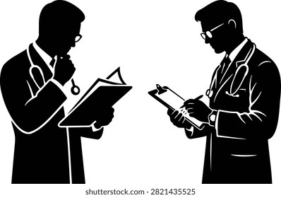 Two Physicians Consulting Over Medical Chart Silhouette Vector