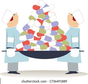 Dos médicos sostienen las camillas llenas de ilustración de las pastillas. Dos médicos sostienen las camillas con una gran pila de pastillas aisladas en blanco
