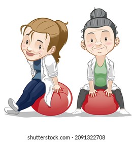 Dos fisioterapeutas sonriendo y esperando a su paciente. Ilustración vectorial.
