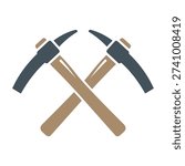 Two pickaxes crossed over each other with wooden handles