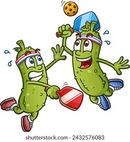 Two Pickle cartoon men participating in an intense pickleball match on the court and leaping into the air and wearing sweat bands and sneakers