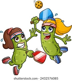 Dos mujeres de dibujos animados de Pickle participando en un intenso partido de pickleball en la cancha y saltando al aire y usando bandas de sudor y zapatillas