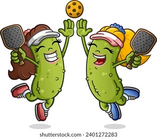 Two pickle girl cartoon characters jumping and giving an enthusiastic high five and holding rackets after winning the big pickleball match against some heated rivals