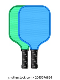 Two pickleball paddles front view isolated on white. Realistic vector illustration. 