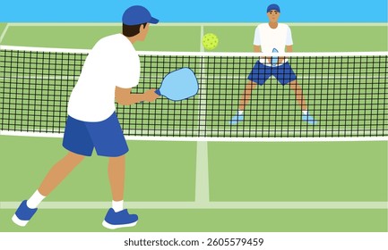 Two pickleball players are enjoying a friendly match on a pickleball court, hitting the ball over the net with their paddles