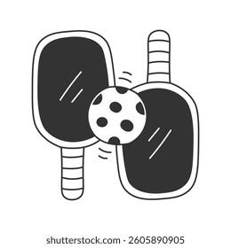 Two Pickleball Rackets and Ball Icon. Badminton Sports Equipment Symbol in Doodle Sketch style. Hand drawn active game vector illustration. Emblem