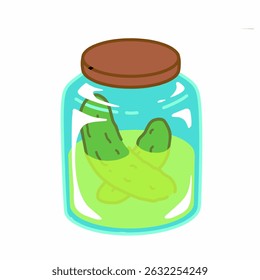 Two pickled cucumbers in a blue jar with half the juice left
