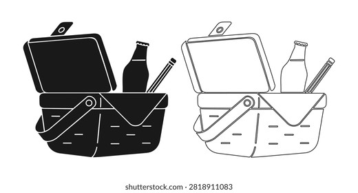 Two picnic baskets with drinks and pencil displayed in black and white illustrations