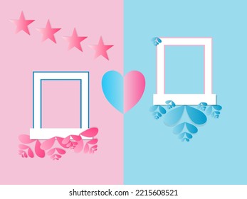 Two picture frames on a blue and pink background.