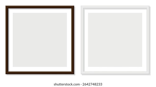 Two picture frames one with brown wooden border other with white border on transparent background clean layout minimalist mockup for artwork presentation vertical orientation contrast color decoration