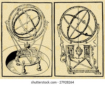 two picture of old astrology things, armilar spheres, vintage picture