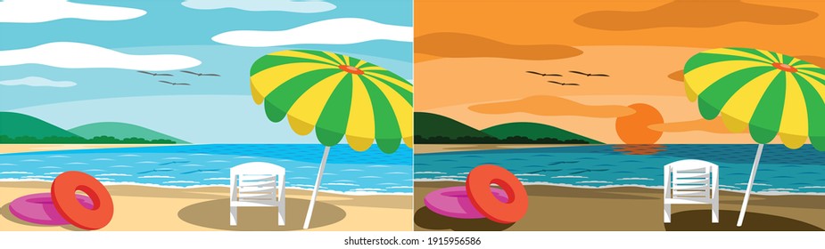 Two picture vecter of beach with umbrellas and chairs On a day time and sunset time with clear skies, good atmosphere.	
