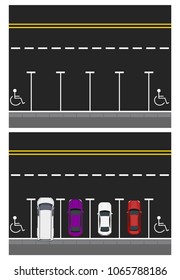 Two pictures. Colored parked cars, road, top view. free places, places for disabled people. vector illustration