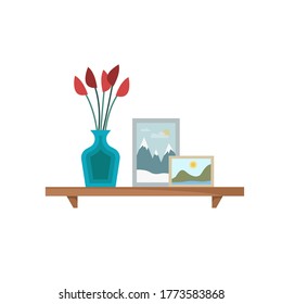 Two pictures in frames with landscape, flowers in the vase on the shelve. Elements of home interior. Flat cartoon style vector illustration isolated on white background 