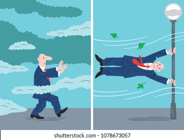 Two Pictures Of A Man Walking Through The Fog With His Arms Stretched Out So As Not To Collide, And The Same Man Clinging To A Lamppost So That A Strong Gale Does Not Blow Him Away