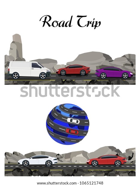 Two pictures. Road, highway along the\
rocks. Travelling by car. Earth. Vector\
illustration