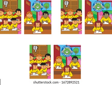 Two pictures showing right and wrong in a classroom to protect from disease. A stamp with the text protect yourself from the coronavirus in English, Portuguese and Italian