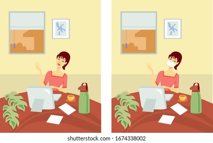 Two pictures with woman working in her office at home. With mask and without mask against coronavirus