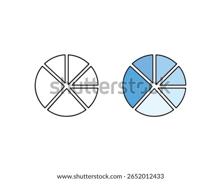 Two pie charts one outline and one filled with blue shades isolated on white background