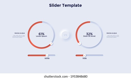 Two pie charts with sliders and percentage indication. Concept of calculation and comparison of profitability of 2 business projects. Neumorphic infographic design template. Vector illustration.
