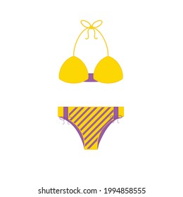 Two piece bikini panties and bikini bra swimsuit in violet yellow color. Summer time, concept of time to travel. Vector illustration icon of swimsuit.