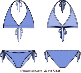 Traje bikini de dos piezas para mujeres. Bra y bragas. Delante y atrás. CAD de moda. Ilustración vectorial. 