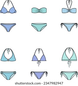 Two piece bikini swimsuit. Set of bra and panties apparel design. Front. Women CAD mockup. Fashion technical drawing template. Vector illustration. 