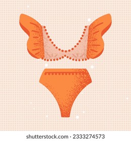 Two piece Bikini. Swimwear, beachwear, high waisted bottom, bead, ruffled sleeve, pleats. Bra cup with textured details. Swimsuit in Brazilian or Mexican style for beach, poolside. Vector illustration