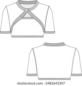 two piece buttoned v neck short sleeve ribbed cuff hem low cut cropped crop blouse top sweater technical drawing flat sketch