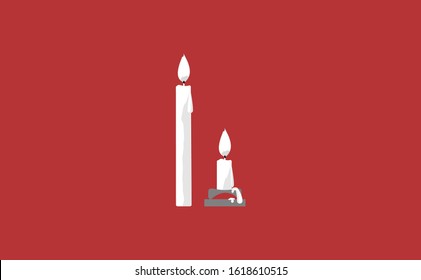 Two piece of candle vector in red background. This candle vector has melted wax candles. This candle consists of a candle stick, candles flame and candles holder. Flat Candles vector illustration.