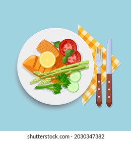 Two piece of grilled salmon steaks with green asparagus, broccoli and tomatoes. Top view. Vector illustration on blue background