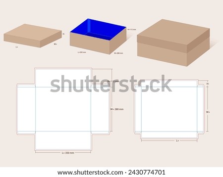 Two piece Largest Size Shoe Box 350x280x115 mm, Lid H=40mm Die line Template