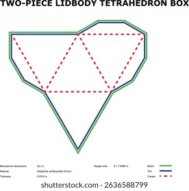 Two piece lid body tetrahedral box die cut template