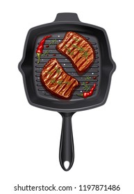 Two piece of meat fry at grill pan. B-B-Q utensils for roast food. Cooking meal barbecue. Cook fry-up barbeque picnic kitchenware. Realistic steak slice. Isolated white. EPS10 vector illustration.