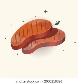 Two Piece Of Meat Illustration. Grilled Beef Steak Meet. Suitable For Any Business Related To Grilled Steak, Fast Food Restaurants, Korean Food, Japanese, Chinese Food Or Any Other Business