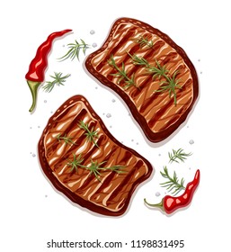 Two piece of meat steak. B-B-Q roast food. Cooking barbecue. Cook fry-up barbeque for picnic. Realistic meal slice. Isolated white background. EPS10 vector illustration.