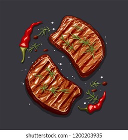 Two piece of meat steak. B-B-Q roast food. Cooking barbecue. Cook fry-up barbeque for picnic. Realistic meal slice. Dark background. EPS10 vector illustration.