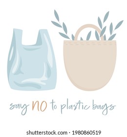 two piece set: plastic bag and reusable textile bag. Go green, no plastic concept. Hand drawn eco life icons collection. bright hues. Isolated objects
