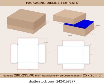 Two piece shoe box or low height lid Box 280x235x90 mm Lid H=70 mm Dieline Template