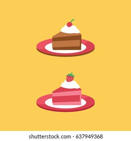 two piece or slice of Chocolate cake with strawberry & cherry on the top with whipped cream on a plate flat design style vector. sweet & tasty dessert. birthday cake icon cartoon