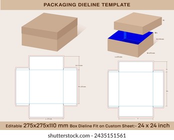 Two piece Square Shoe Box 275 x 275 x 110 mm, Lid H=85mm Die line Template