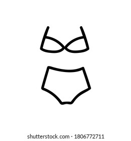 Icono lineal del doodle de dos piezas de traje de baño. Ilustración de línea delgada dibujada a mano, breve y sujetadora de altura. Símbolo de playa de verano de traje de baño. Dibujo de contorno aislado del vector de baño femenino