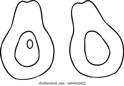 Two pieces of avocado, hand-drawn on a white background. Sketch, vector for printing, fabrics, stickers, covers.