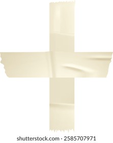 Two pieces of beige adhesive tape forming a cross or plus sign, stuck firmly on a clean white background, create a striking yet minimalist visual element perfect for various uses