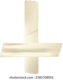 Two pieces of beige adhesive tape stuck together on a white background, forming a distinctive cross shape, create a simple yet striking visual element perfect for various design applications