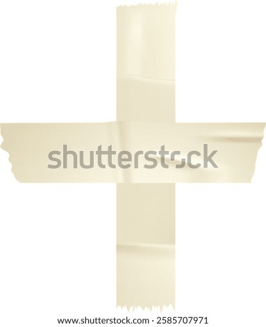 Two pieces of beige adhesive tape forming a cross or plus sign, stuck firmly on a clean white background, create a striking yet minimalist visual element perfect for various uses