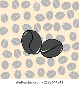 Two pieces of black coffee beans vector with coffee background pattern