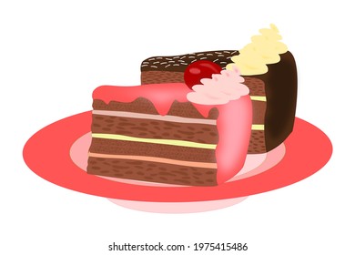 Two pieces of cake on a pink plate - one with pink icing, whipped cream and cherry and the other with chocolate icing and whipped cream