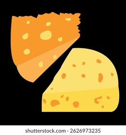 Two pieces of cheese of different varieties. Classic cheese with holes. Vector drawing on a black background.