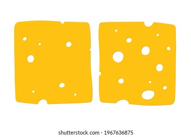 Two pieces of cheese. Overhead view of isolated yellow colour chesse. Toast Cheese Pieces isolated on white background. Flat design style for menu, cafe, restaurant, poster, banner, emblem, sticker.